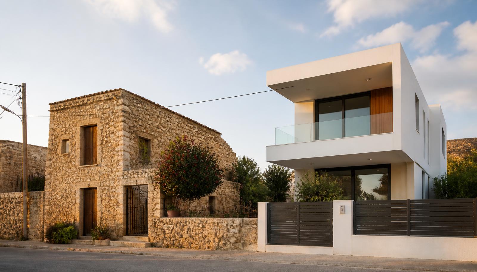 Traditioneel stenen huis naast een nieuwgebouwde moderne woning in een straat op Cyprus