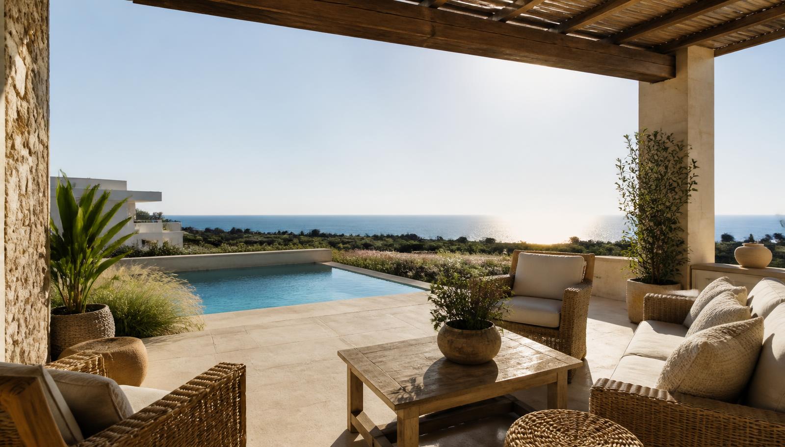 Overdekt terras van een vakantiewoning op Cyprus met rieten meubels, zwembad en zicht op zee