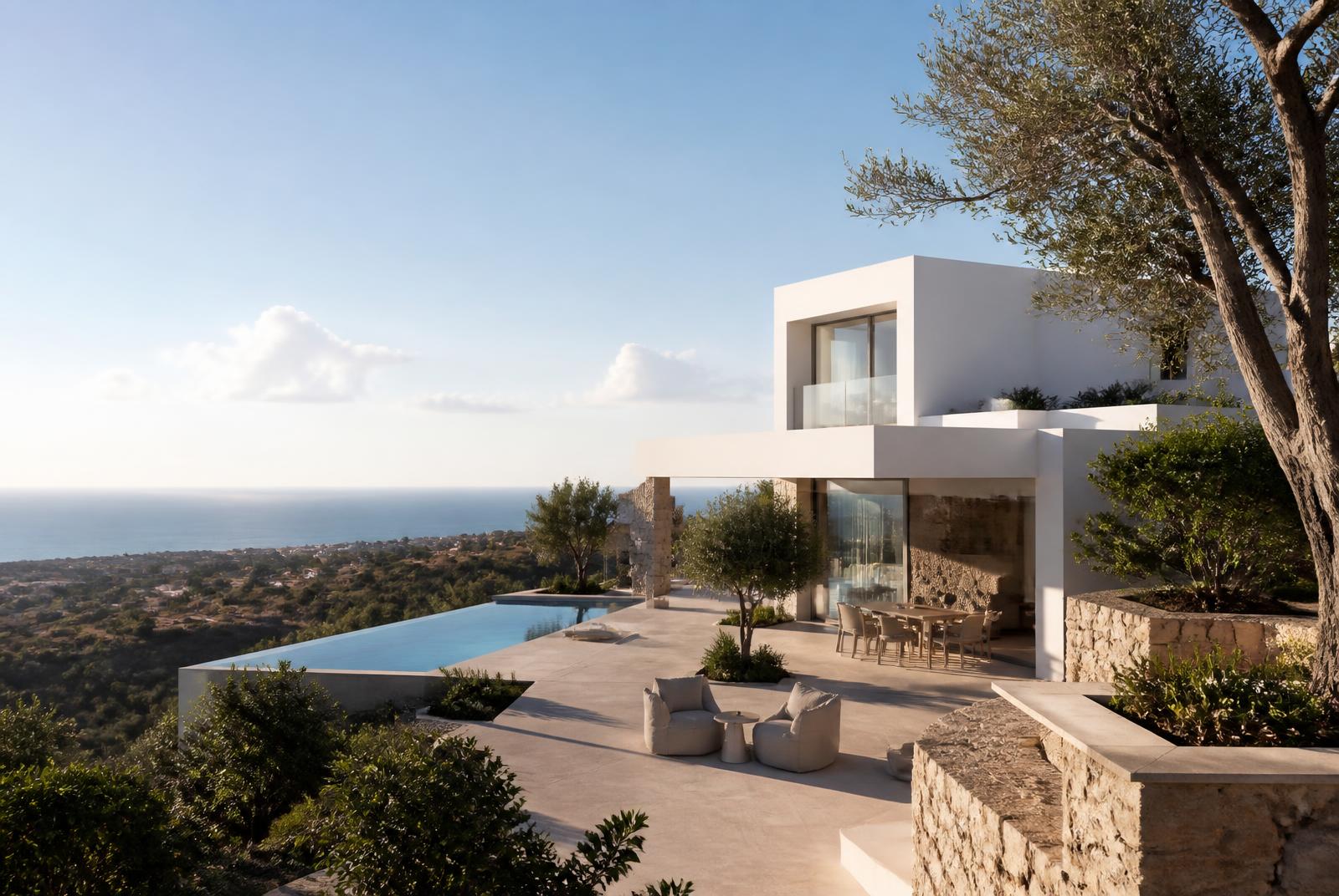 Moderne villa in de heuvels boven Limassol met infinity pool, olijfbomen en zicht op zee